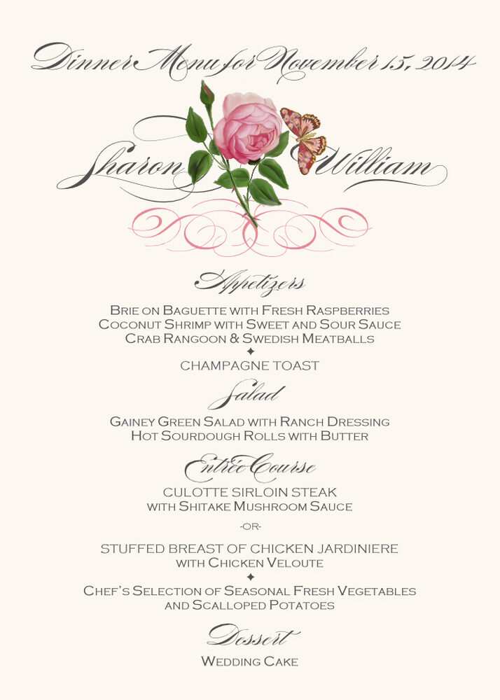 Pink Tea Rose Wedding Menu Cards, Custom Wedding Reception Menus